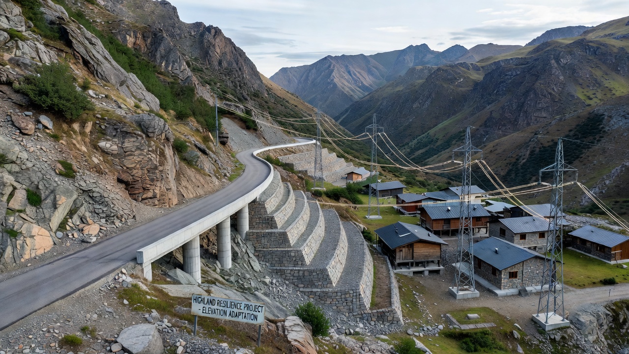 Highland infrastructure including power lines and water systems adapted to steep elevation changes