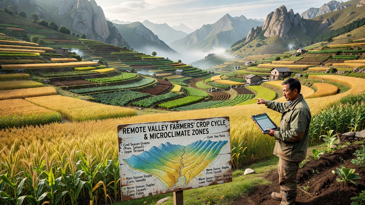 Farmers inspecting soil and temperature conditions in a segmented valley field